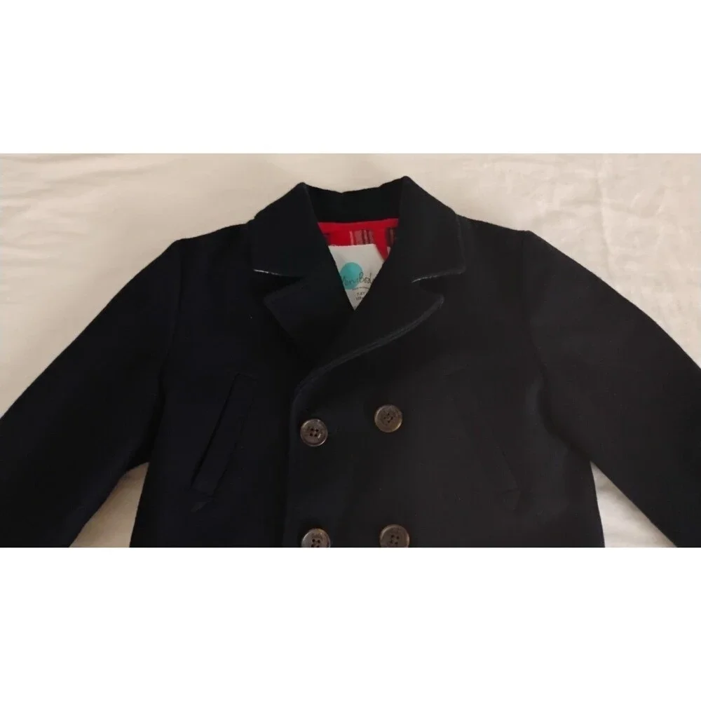 Mini Boden Boy's Navy Wool Pea Coat 7-8 Yr GC Plaid Flannel Lining Preppy Rare